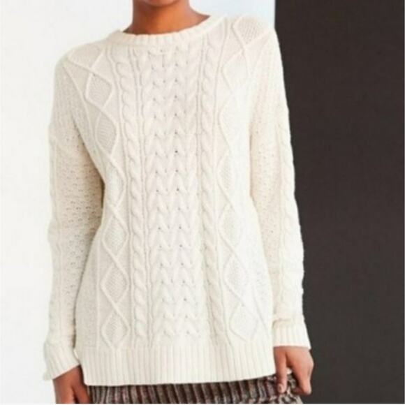 BDG | Elbow Patch Cable Knit Fisherman Soft Cream Sweater - Picture 2 of 9